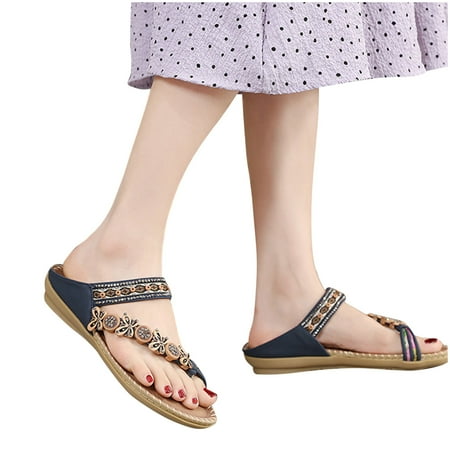 

Boho Slide Sandals for Women Girls Dressy Low Wedge Thong Sandals Casual Toe Ring Flat Sandals Cute Summer Bohemian Travel Flip Flop Sandal Shoes