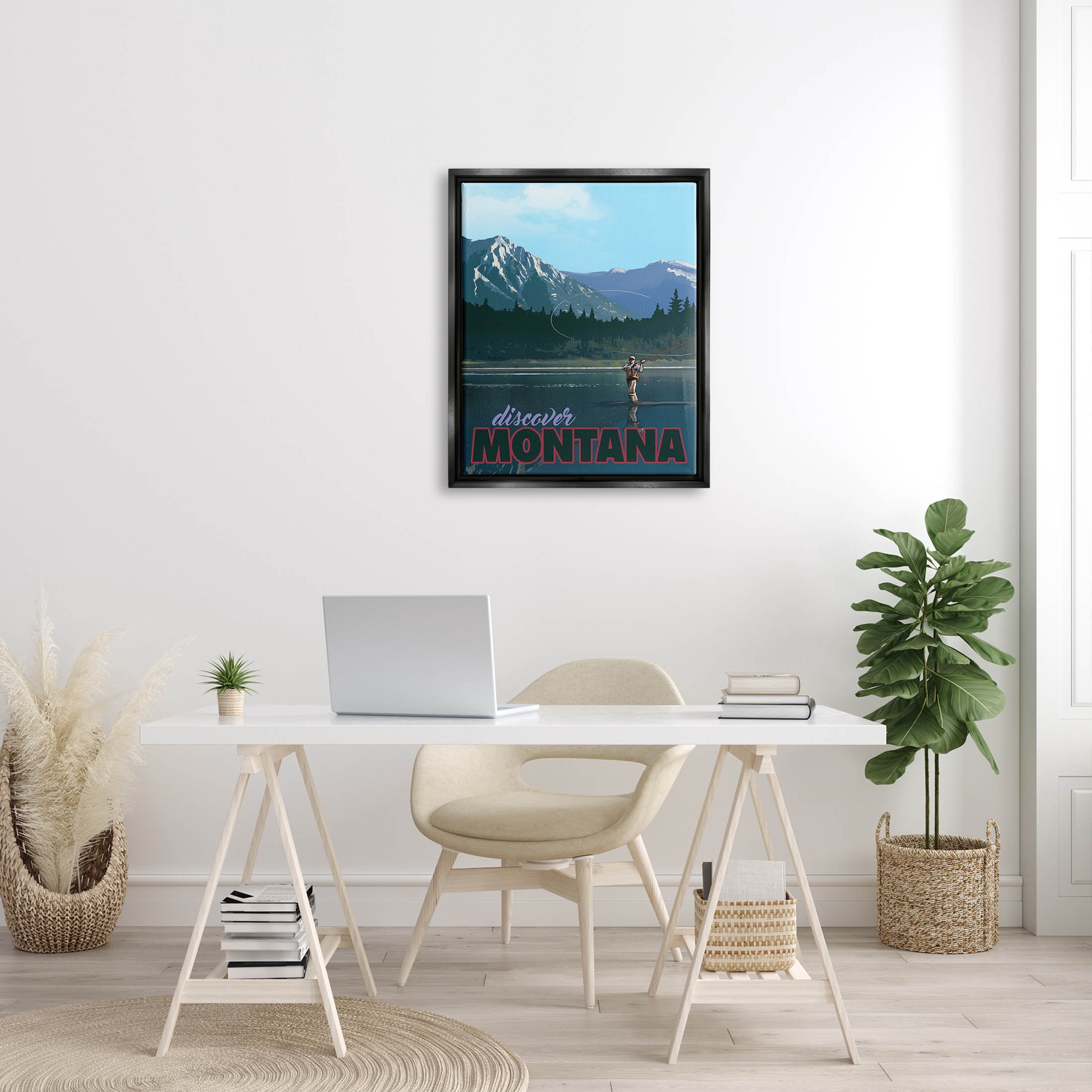 Discover Montana Lake Fishing Scene Landscape Graphic Art Jet Black Framed Art Print Wall Art