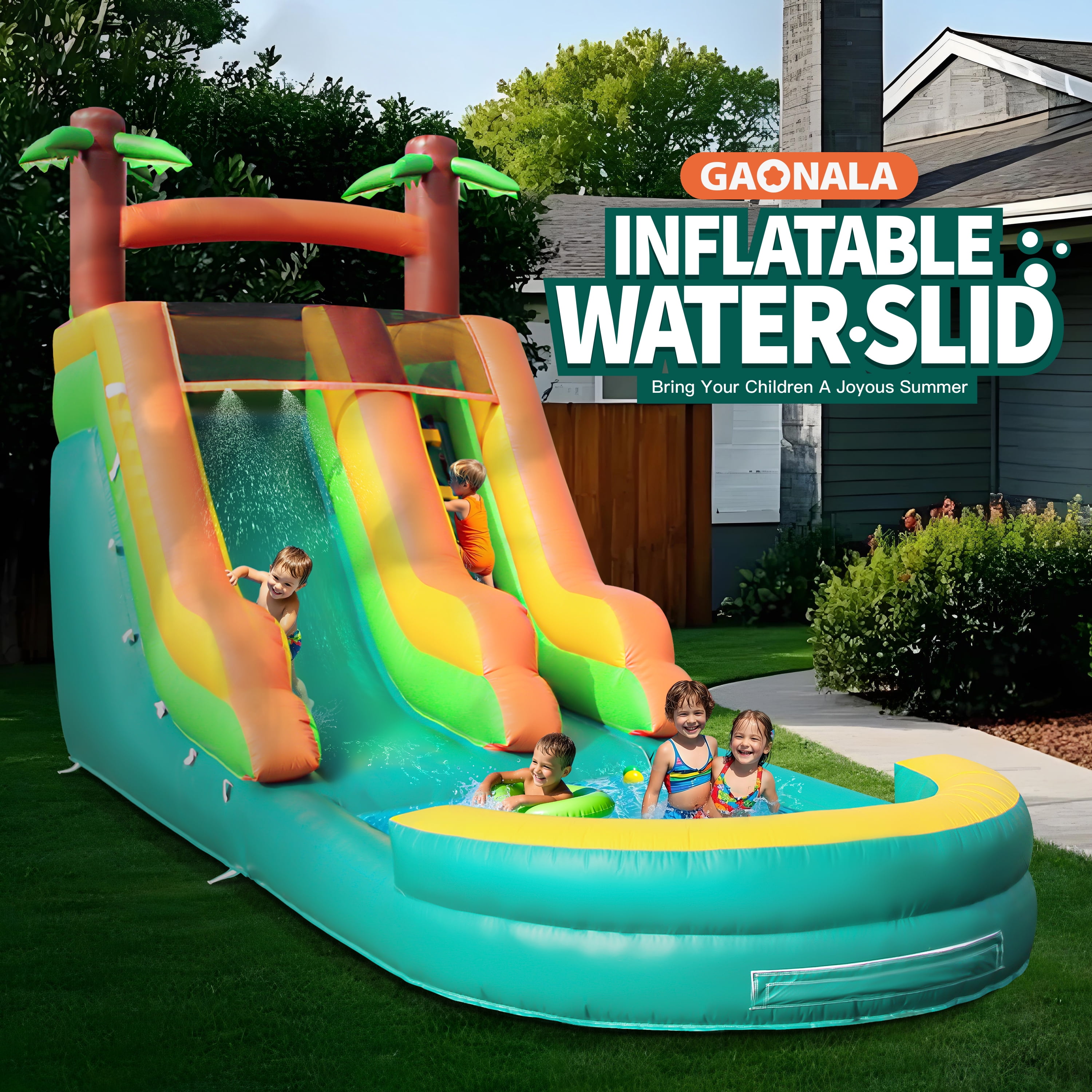 Chantmo 26ft Inflatable Water Slide for Adults 100% PVC Widen Slide Shallow Pool 950w Air Blower for Backyard Park Green