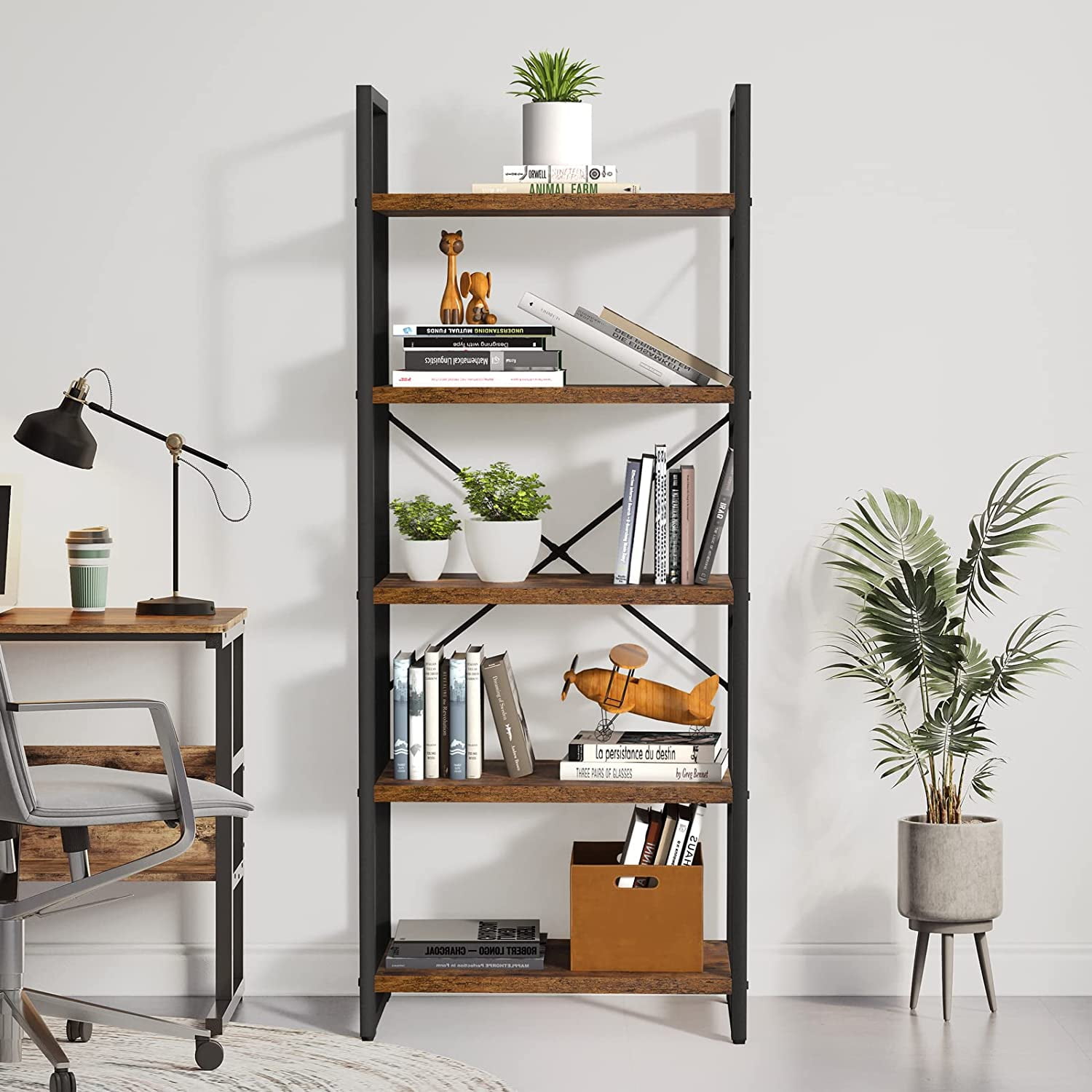Dextrus 5 Tiers Ladder Bookshelf, 62 inch Classically Modern Bookshelf,Storage Rack Shelves in Living Room/Home/Office,Rustic Brown