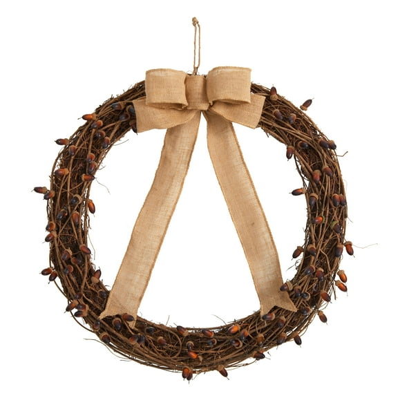 Nearly Natural Plastic Thanksgiving Fall Acorn Autumn Wreath, with Decorative Bow 30" (Brown)