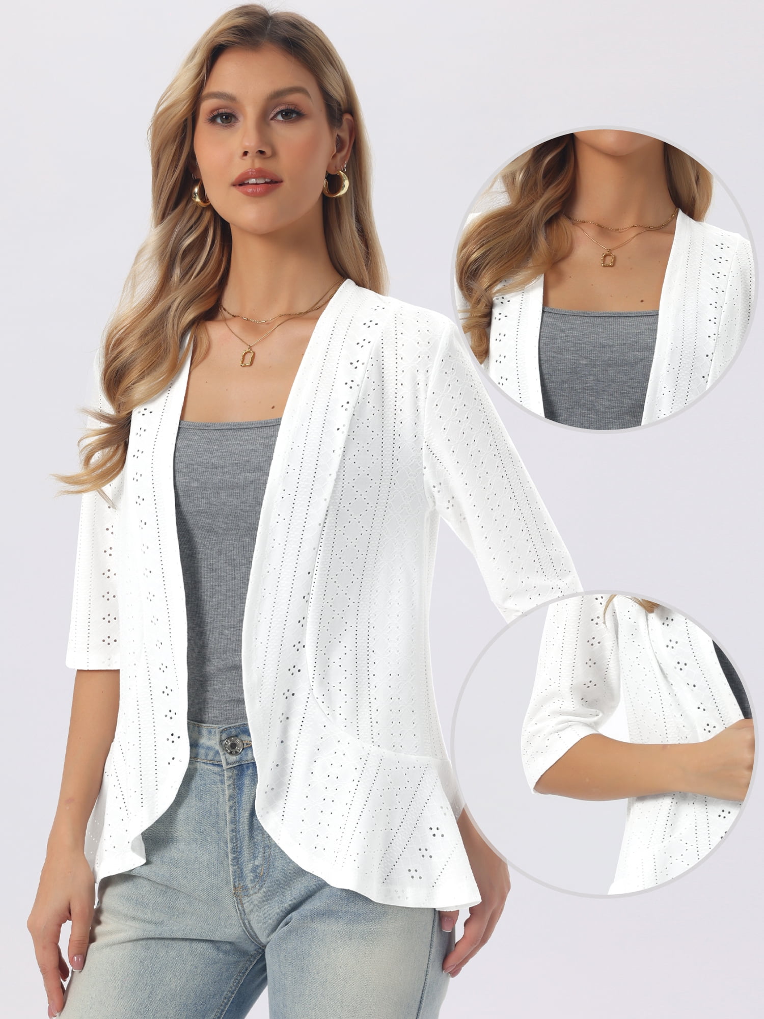 DARING DIVA Women's Lightweight 3/4 Sleeve Open Front Ruffle Cardigan L White