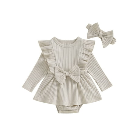 

Meihuid Newborn Girl Outfit Long Sleeve Bow A-line Romper Dress Headband