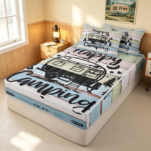 Erosebridal Happy Camping Camper Zipper Twin Comforter Sets with Fitted Sheet and 2 Pillowcases, Colorful Farmhouse Zipper Bedding Set, Polka Dots Reversible