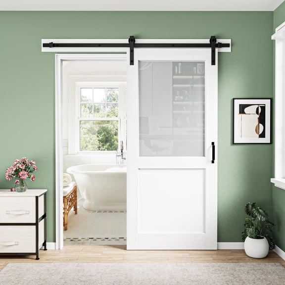 36" x 80" Half Frosted Glass And White Primed Solid Wood Sliding Barn Door With Installation Hardware Kit(No Assembly Required)