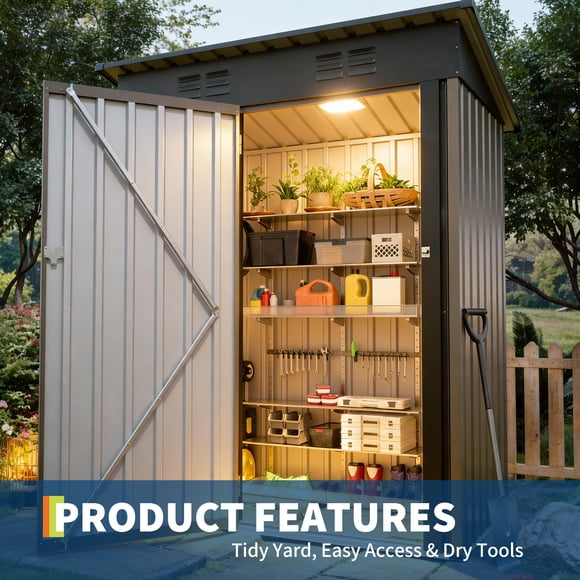 Heavy Duty Metal Outdoor Storage, 5x3 FT Weatherproof Cabinet with Sloped Roof & Lockable Door, Compact Tool Organizer for Garden Backyard Patio, Brown