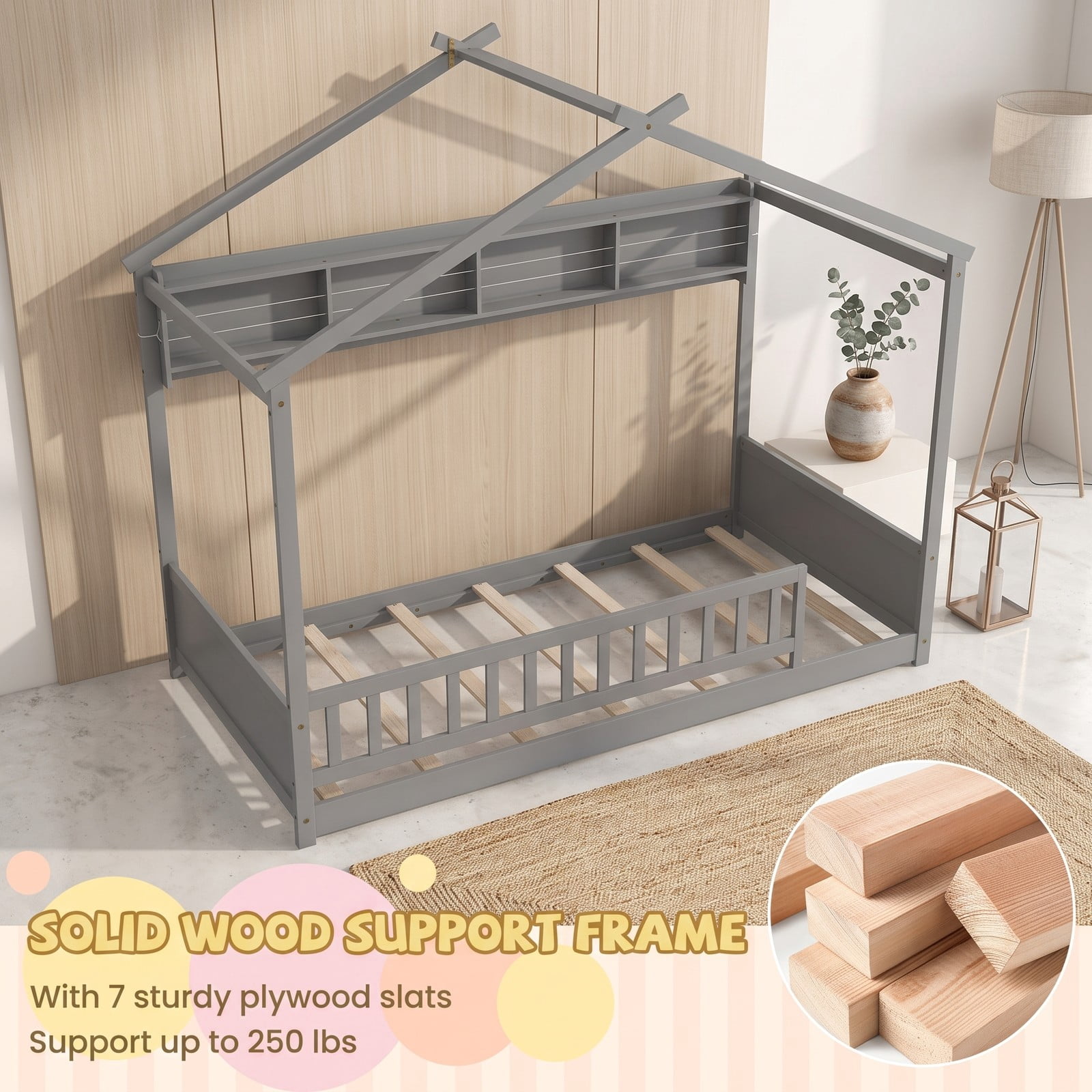 Furnibear Twin Bed Frame with Headboard, House Bed with 4 Cube Storage Shelf and 17 Inch Safety Guardrails for Kids Room, Gray