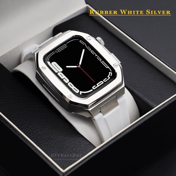 Kit de modificación de lujo para Apple Watch Case Band 7, 45mm, 44mm, 42mm, marco de bisel de Metal, correa de goma para IWatch 7, 6, 5, 4, 3, SE