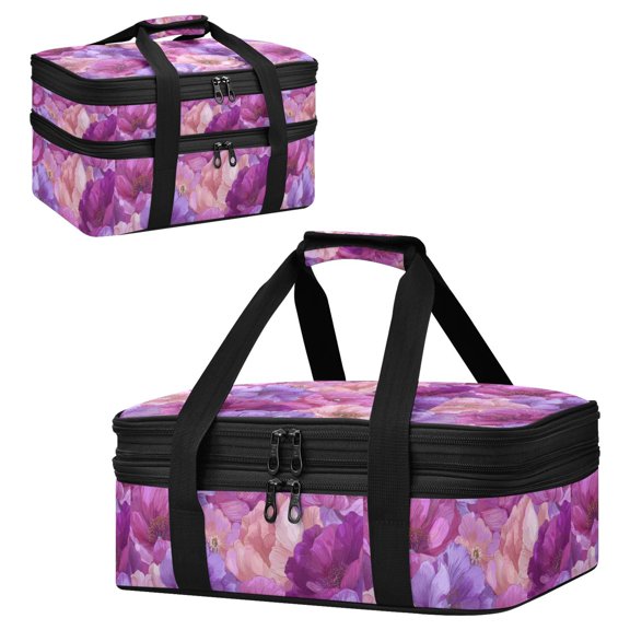 Large Double Decker Insulated Casserole Carrier Expandable 2-Layer Thermal Food Tote Bag Vibrant Fantasy Rose Pattern Hot Cold Pizza Lasagna Holder for Potluck Picnic Party Camping