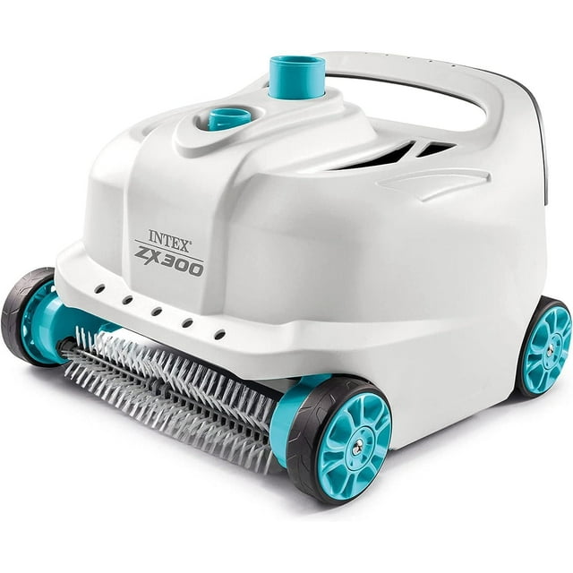 Intex ZX300 Deluxe Automatic Pool Cleaner featuring a white compact design, blue wheels, and rotating brushes for efficient pool cleaning.