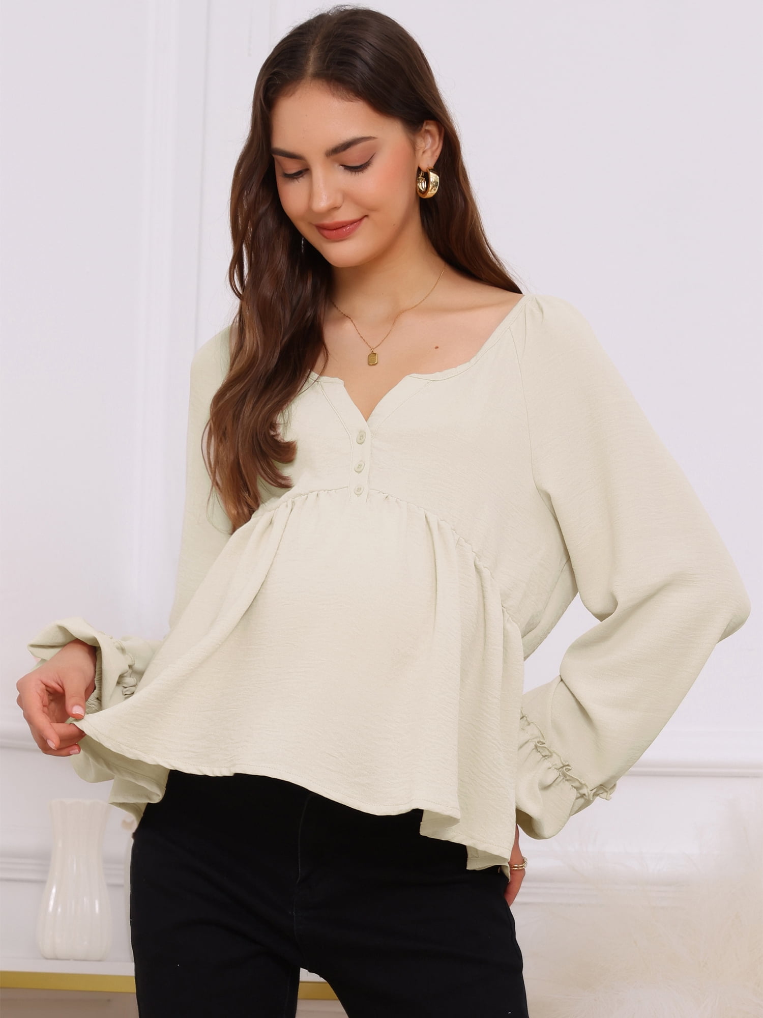 DARING DIVA Women's Maternity Empire Waist Babydoll Lantern Sleeve Blouse M Beige
