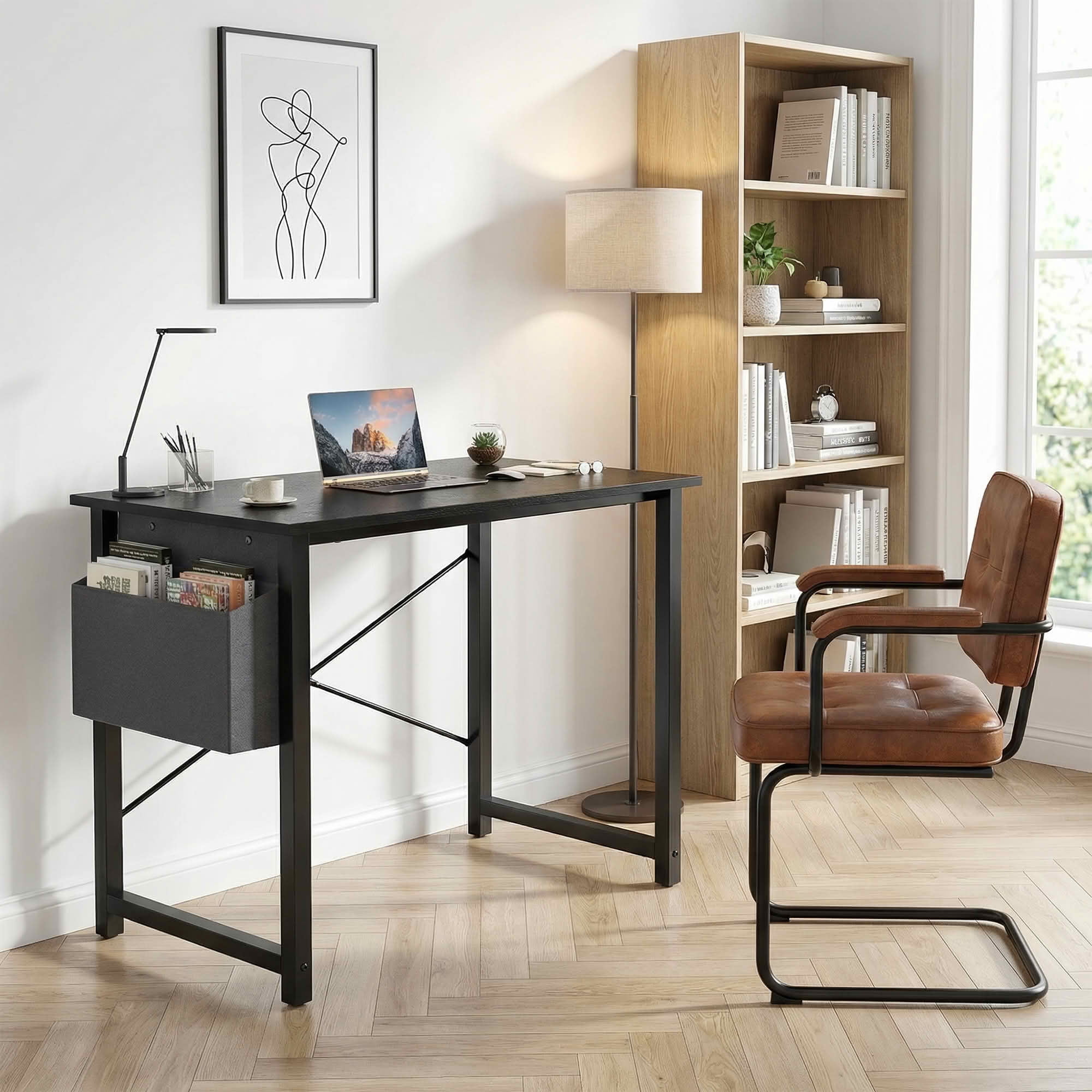 MAYEERTY Office Computer Desk, Fabric Storage Bag, Sturdy Steel Frame & Wooden Tabletop