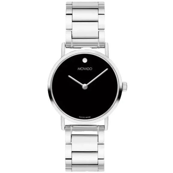 Movado Signature 0607601 Black Dial Stainless Steel Bracelet 28MM Womens Watch
