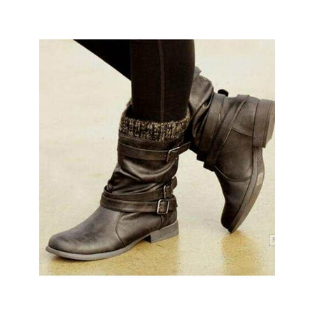 

Lacyhop Womens Mid Calf Boot Buckle Strap Riding Bootie Pull On Slouch Boots Work Casual Booties Fashion Block Chunky Winter Shoes Black 8.5