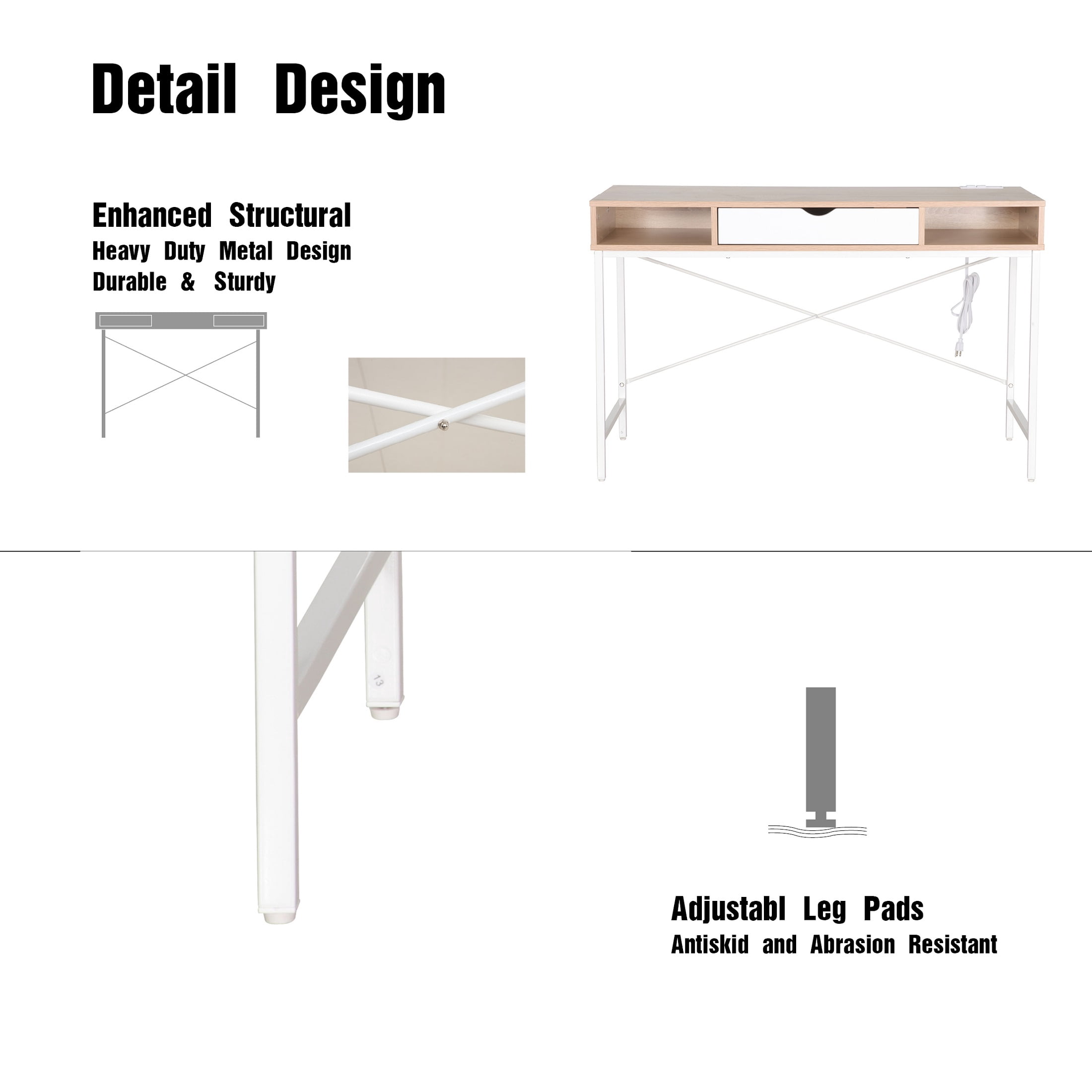 JJS 48' Writing Desk with Power Outlet, Home Office Contemporary Large Computer Desk Laptop Workstation with Drawer USB Ports Charging Station, Oak/White