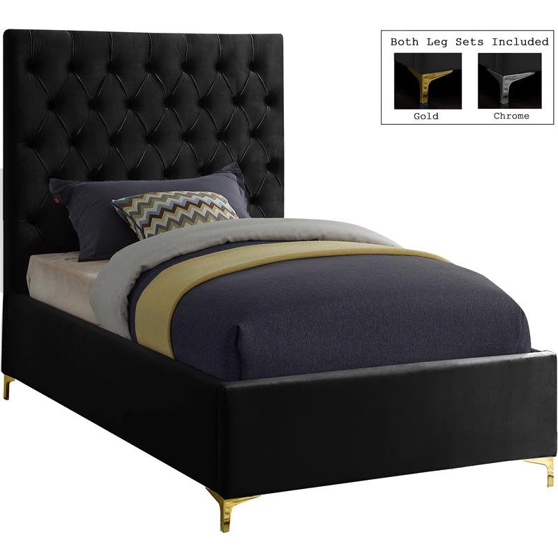 Meridian Furniture Cruz Solid Wood Tufted Velvet Twin Bed in Black