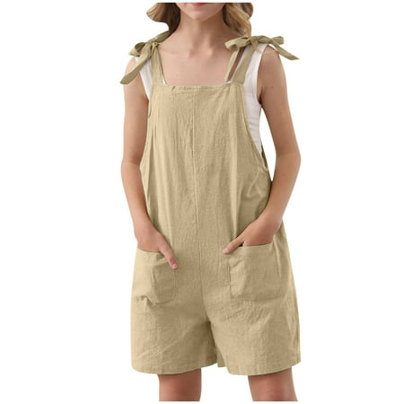 Girls Rompers Shorts Jumpsuits Summer Sleeveless Adjustable Knot Straps Overall Solid Color Jumpers with Pockets Khaki 150