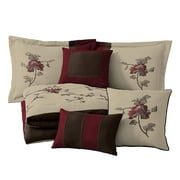 Comforter Set Full Size, 7-Piece Soft Bedding Quilt, Embroidered Floral Coverlet Bedspread, Bedroom, Hotel, Burgundy Taupe Brown