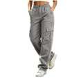 thumbnail image 2 of Sweatpants Fall Wide Leg High Waist Casual Cropped Pant Women's Solid Color Stretch Cargo Pants With Elastic Waistband Button Zip Fly And Multi Pockets Outdoor Casual Hiking Trousers Gray S, 2 of 9