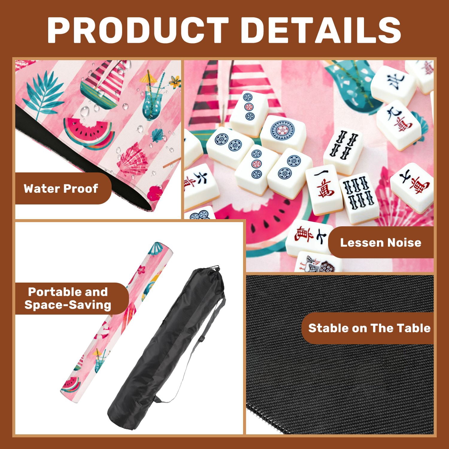 Mahjong Mat 31.5" x 31.5" Colorful Tropical Seashells Flowers Fish Frog Pink Stripes Non-Slip Noise Reduction American Mahjong Tiles Table Cover for Dominoes Poker Card Board Games Gift