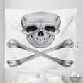 thumbnail image 1 of Grey Tapestry, Vivid Skull and Crossed Bones Dangerous Scary Dead Skeleton Evil Face Halloween Theme, Fabric Wall Hanging Decor for Bedroom Living Room Dorm, 5 Sizes, Dimgray, by Ambesonne, 1 of 1