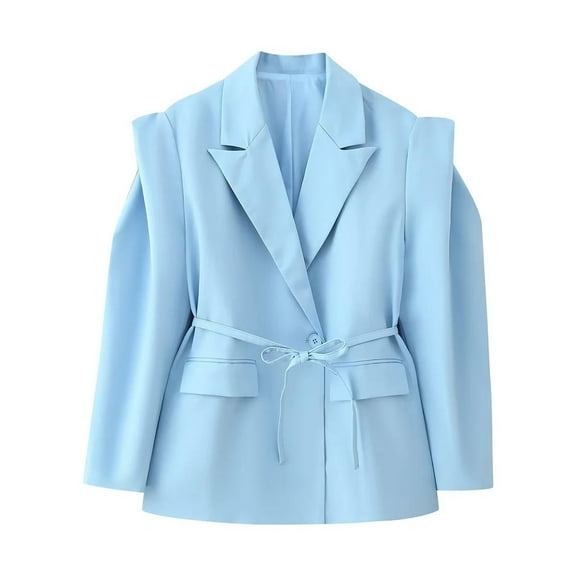 Womens Tops Long Sleeved Blazer Casual Waist Cinched Wide Shoulder Suit Jacket Blue M,Blouse for Women