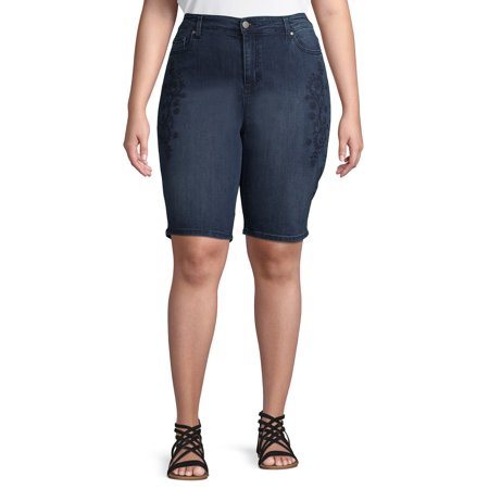 Alivia Ford Women's Plus Size Paisley Bandana Embroidered Denim Bermuda Shorts