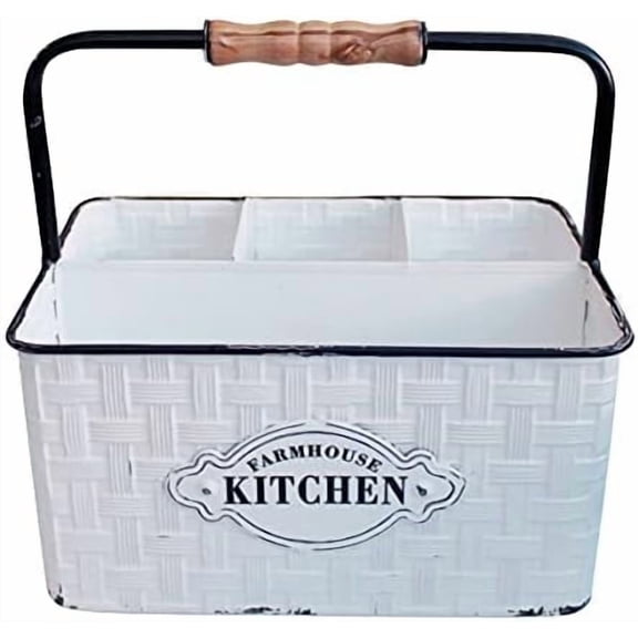 Rustic Distressed Metal Silverware Organizer Utensil Caddy, Flatware holder, Tabletop Organizer, Enamel Finish with Wood handle and 4 Compartments, White