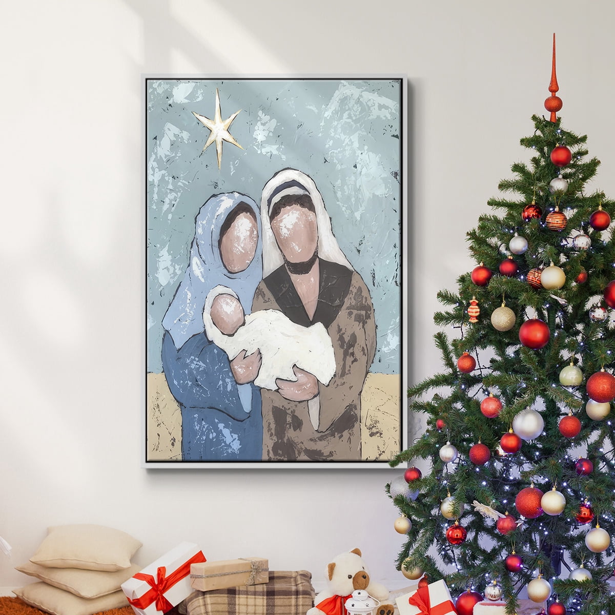 A Silent Night I - Framed Gallery Wrapped Holiday Canvas - 27 x 41 - White Frame
