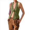 thumbnail image 2 of Top de Punto Acanalado con Estampado Floral 3D y Cuello Halter para Mujer, Estilo Y2K, Sin Mangas, Espalda Descubierta, Abertura Frontal, Ajustado, Chaleco Tipo Suéter. Verde L, 2 of 7