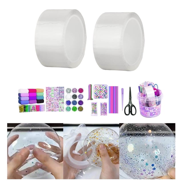facefd Blow Bubbles Double Sided Tape for Kids Classroom DIY Craft Handmade Ball 2PCS Storage Bucket Clear