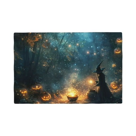 

Table Placemats Set of 4 - Halloween Forest Pumpkin Witch 12x18 In Faux Linen Double Heat Resistant Place Mats Cloth Indoor/Outdoor Placemats Washable Table Mats for Dining Kitchen Party