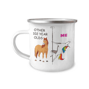 102nd Birthday Unicorn Camper Coffee Mug - Other 102 Year Olds Me Unicorn Coffee Mug -12 Oz Stainless Steel Enamel Finish White Camper Coffee Mug