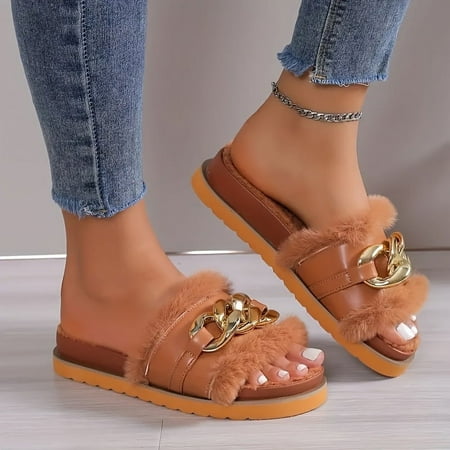 

2024 Women s Metallic Chain Decor Slippers Slip On Open Toe Home Thick Soft Sole Fluffy Slides Shoes Cozy Plush Fuzzy Shoes-36