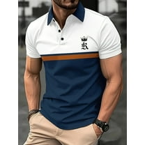 Men’s Polo Shirts Short Sleeve Color Block Stripes Summer Slim Fit Buttons Collared Shirts Classic Casual Golf Work Lightweight Tee Tops Blue XXL