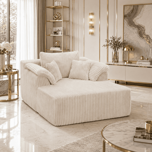 60" Chaise Lounge Chair Indoor,Corduroy Upholstered Boneless Sofa Bed, Deep Seat Sleeper Couch Reading Chairs, Cloud Sofas Couches for Living Room, No Assembly Required (Beige)