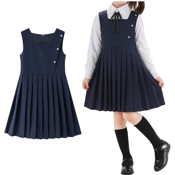 Kids Girls Uniform Dress A-Line Pleated Hem Knee Length Sleeveless Navy Girls Dress Boys Back To School Clothes Kids School Uniform for Girls 11-12 Years