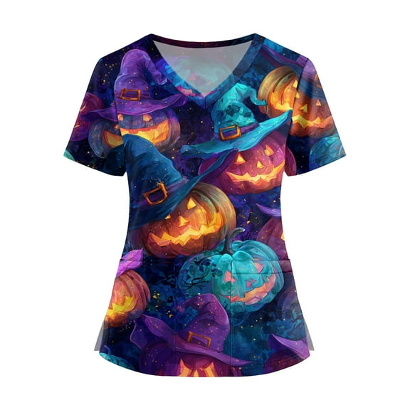 Homozy Womens Pumpkin Scrub Tops Plus Size Halloween V Neck Short Sleeve with Pockets Halloween Costumes for Women Adult Lighweight Novelty Fall Nurse Scrub Purple 5XL