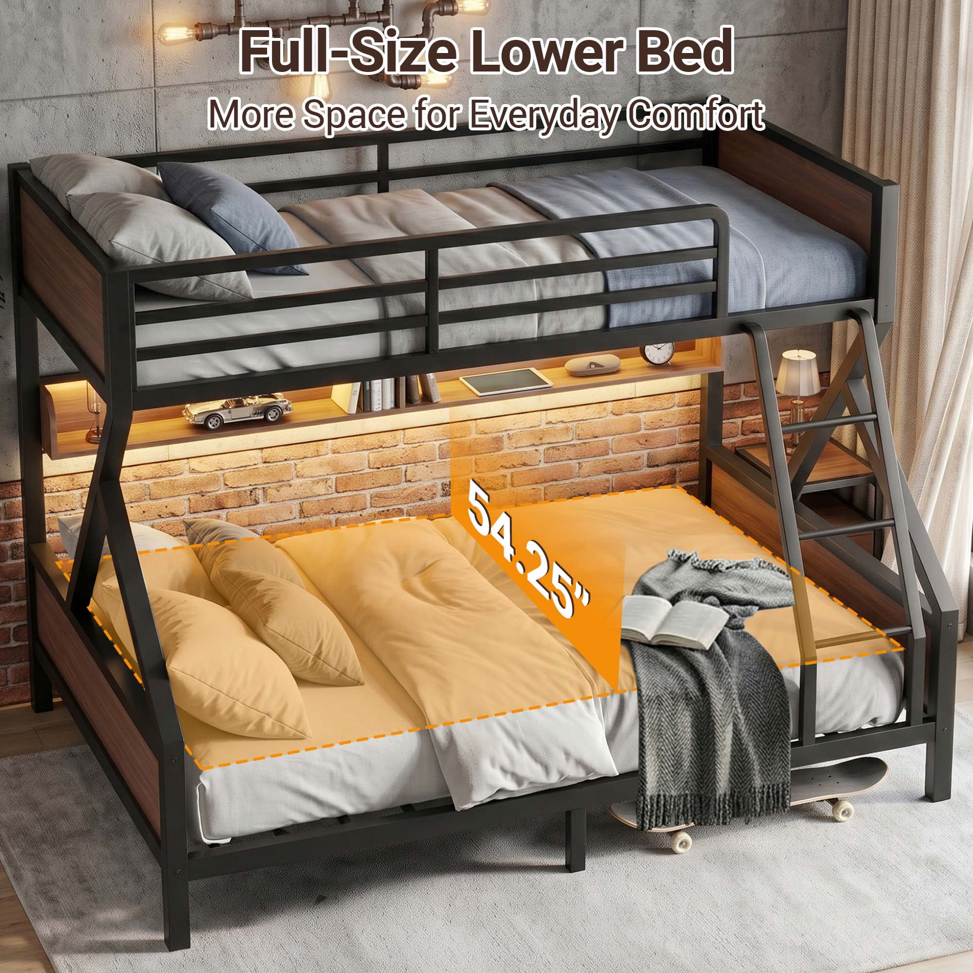 Miniyam Twin over Full Bunk Bed with Storage Shelf and LED Light, Metal & Wood Frame, Black