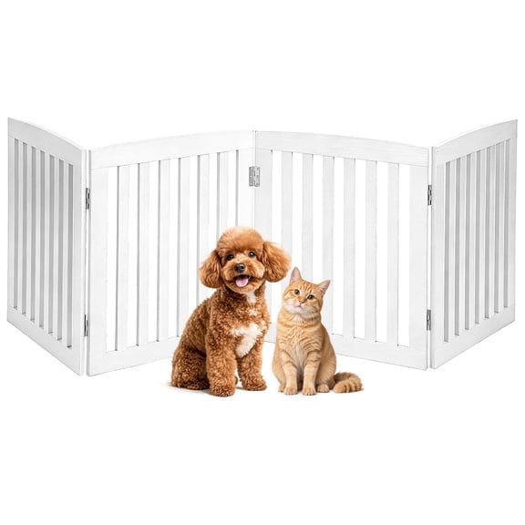 SHOUFTW Foldable Wooden Pet Gate, Freestanding and Extra Wide 4 Panel Dog Gate for Doorways, Stairs, Hallways, White