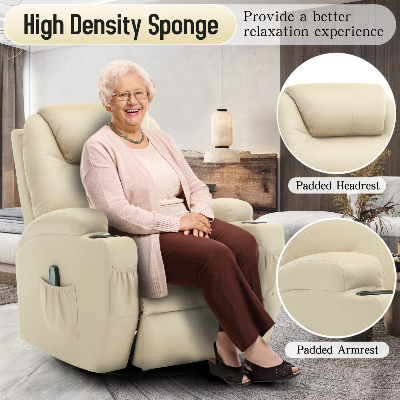 Korser Swivel Rocker Recliner Chair with Massage Faux Leather for Living Room,Beige