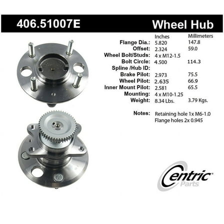 Centric 406.51007E Rear Wheel Hub and Bearing Assembly Fits select: 1999-2005 HYUNDAI SONATA, 2001-2006 KIA OPTIMA