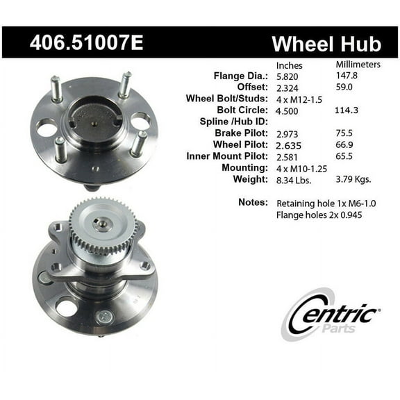 Centric 406.51007E Rear Wheel Hub and Bearing Assembly Fits select: 1999-2005 HYUNDAI SONATA, 2001-2006 KIA OPTIMA