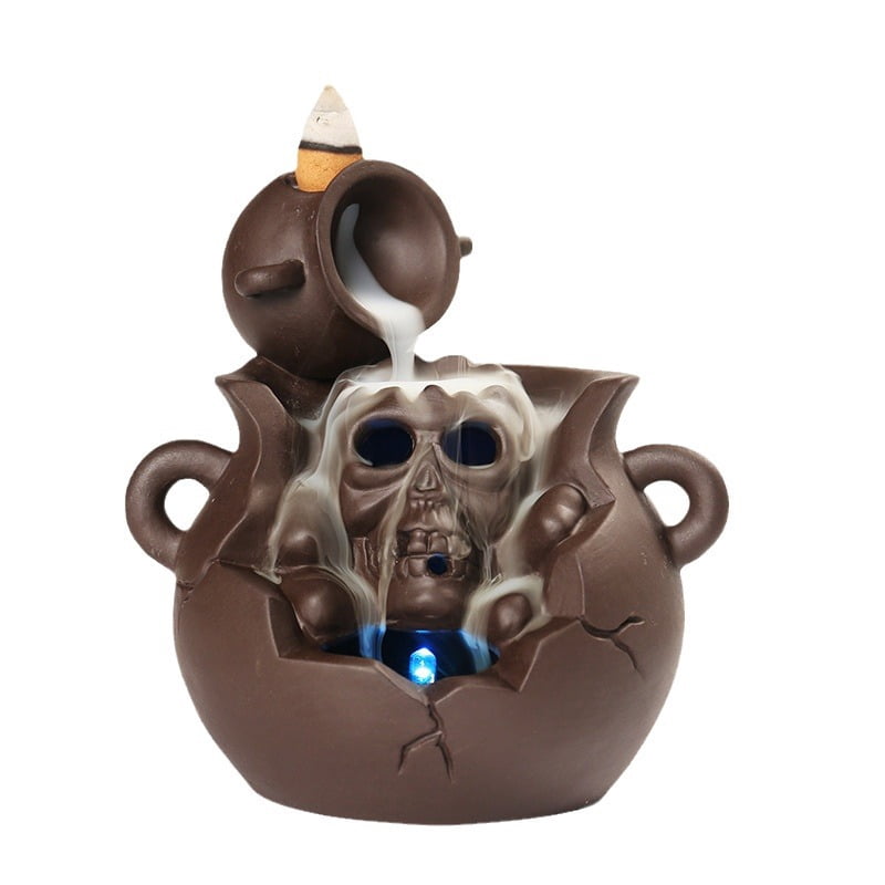 Backflow Incense Burner Skull Ceramic Incense Holder Backflow Incense Cones Holder Ceramic Incense Waterfall Burner Skull Halloween Decor for Home Office Yoga Temple Ornament Type