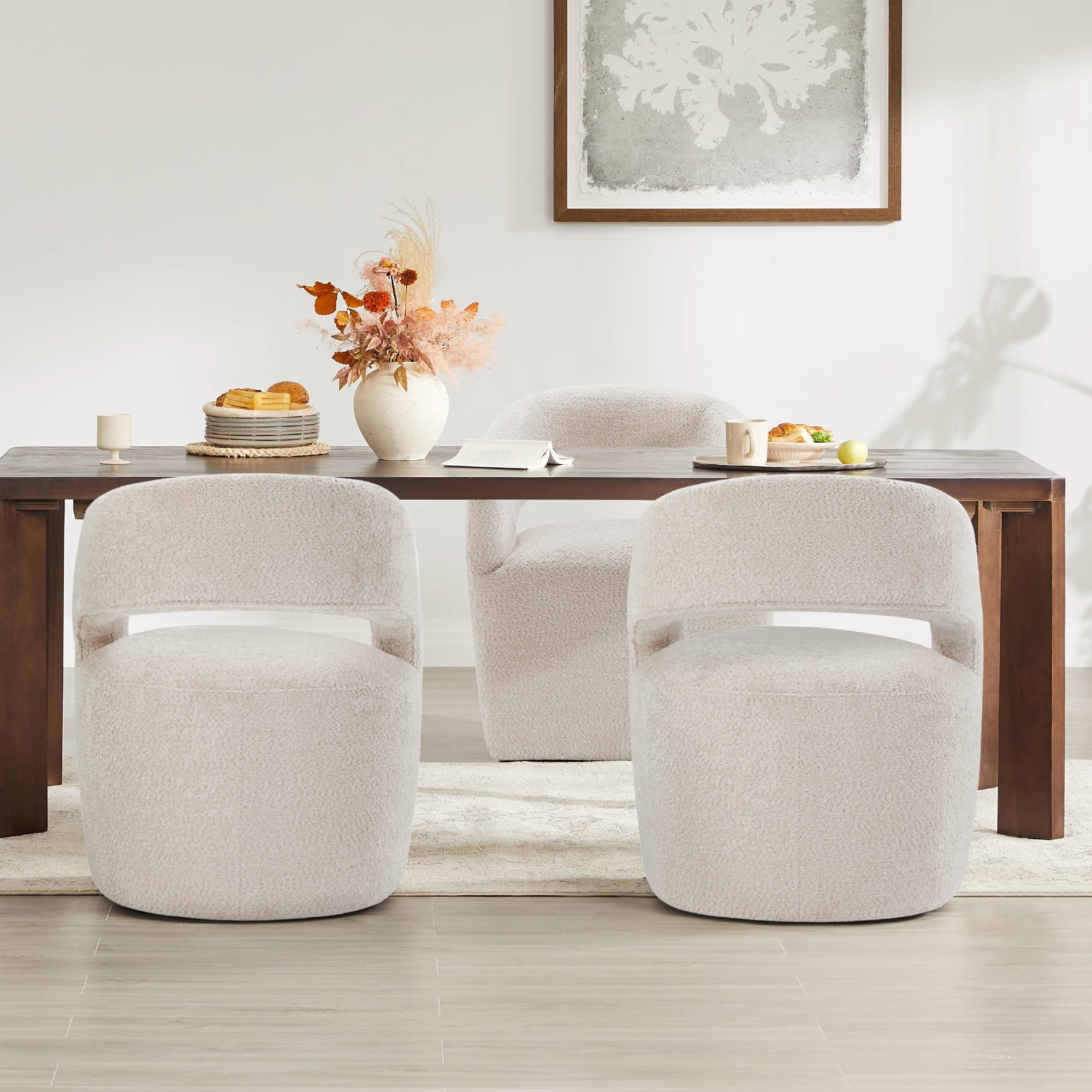Spruce & Spring Barrel-Style Dining Chair with Upholstered Seat and Casters No Assembly Single, Beige-Fabric