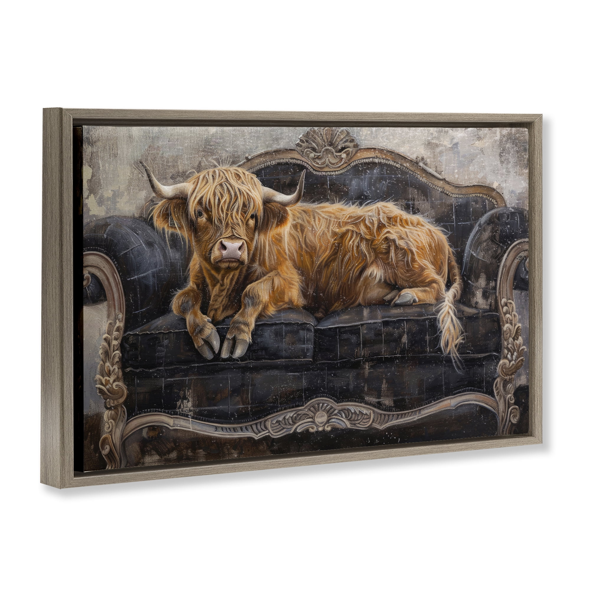 Stupell Industries Cozy Couch Highland Cow Brown Framed Floater Canvas Wall Art, design by Tina LeCour