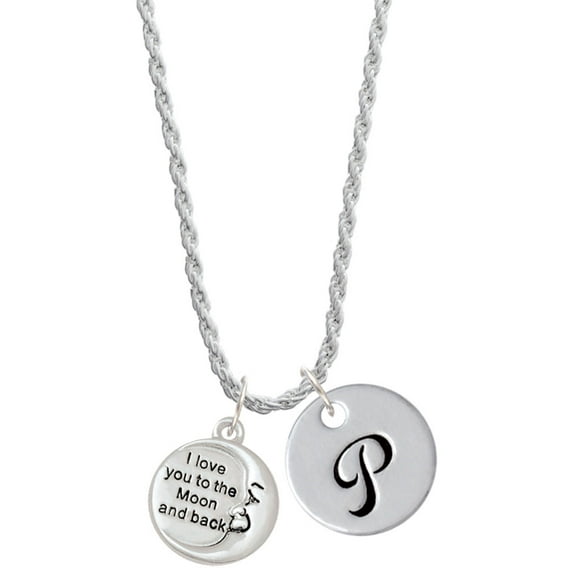 Delight Jewelry Silvertone I Love You to the Moon and Back Silvertone Script Initial Disc - P - Charm Necklace, 20"+3"