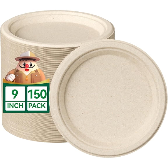 100% Compostable Paper Plates, 150 Pack 9 Inch Heavy Duty Plates, Disposable Biodegradable Eco-Friendly Sugarcane, Bulk Nature