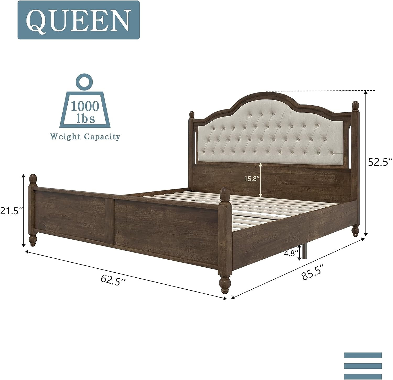 Merluxy Queen Solid Wood Bed Frame with Upholstered Headboard, No Box Spring, Easy Assembly, Walnut