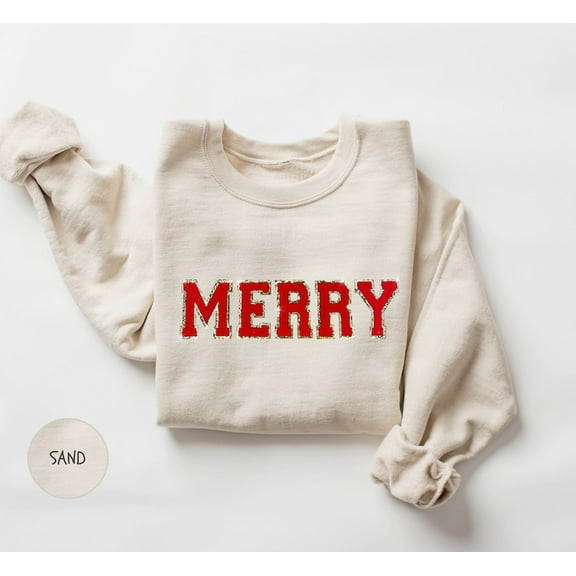 Merry Chenille Patch Sweatshirt, Christmas Gift, Holiday Sweater, Retro Christmas Shirt, Christmas Sweatshirt for Woman